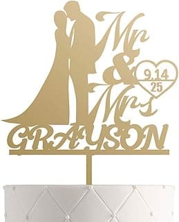 Personalized Wedding Cake Topper With Customized Bride and Groom Last Name or Marriage Date for Mr Mrs (Gold Mirror)