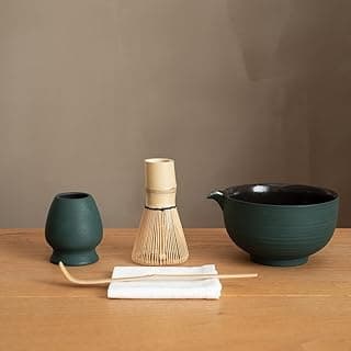 6-pcs Japanese Matcha Whisk Set, Handmade Ceramic Matcha Set with Bowl(Chawan),Bamboo Whisk(Chasen) and Holder, Scoop, Sifter & Tea Towel,Matcha Kit for Ceremony (Turquoise Green)