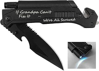 Fanfoobi Engraved Pocket Knife for Grandpa - If He Can't Fix It We're All Screwed - 6 Functions: LED Light, Fire Starter, Bottle Opener, Seat Belt Cutter, Glass Breaker - Grandpa Present