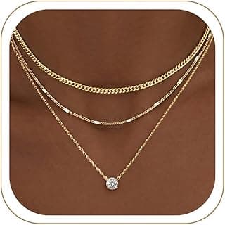 WomenGifts Layered Gold Necklaces for Women, 14K Gold Sterling Silver Plated Dainty Pendant Necklace Set Non Tarnish, Chunky Stackable Cuban Chain Choker, Trendy Personalized Birthstone Jewelry Gift for Mom