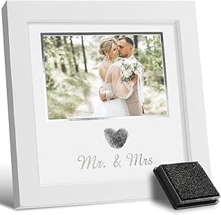 Heart Thumbprint Wedding Picture Frame with Ink Kit, Engagement Gifts for Couples Keepsake Wedding Registry Search Personalized Bridal Shower Gifts for Mr And Mrs Newlywed (White)