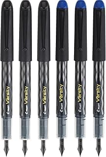 Pilot, Precise Varsity Pre-Filled Fountain Pens, Medium Point 1 mm Stainless Steel Nib, Black/Blue, 6-Pack