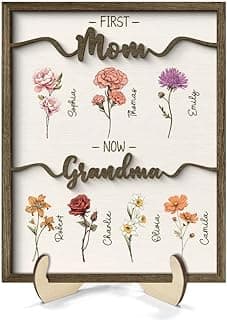 Personalized Birth Month Flower Wood Plaque with Stand, Custom Grandma Gift from Grandkids, Mother's Day, Birthday, Christmas, Family Keepsake, Home Décor​ Gifts for Gigi Nana GreatGrandma