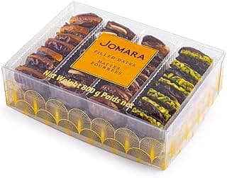 Jomara Premium Filled Dates Mix Pack 4 Flavors | 28oz / 800g | Natural Dates filled with Orange Peel, Caramelized Pecan, Roasted Almond or Pistachio| Healthy Dried Fruit for Snacking | Natural Source