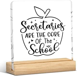 School Secretary Gifts for Women Men Appreciation Gifts for School Receptionist Coworker Staff Administrative Professional Day Gifts Clear Acrylic Desk Decor Sign with Wood Stand for Office 4 X 4 Inch