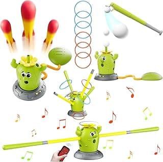 Cactus 4-in-1 Musical Jumping Toys Set with Ring Toss, Stomping Rocket Launcher and Baseball Game, Fun Indoor and Outdoor Toys for Active Play Sports Toy for Kids Ages 3 4 5 6 7 8+ Boys & Girls.