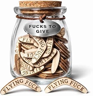 Funny Coworker Gift – Gag Desk Decor Jar, “No Fucks Left to Give” with Flying Wooden Cutouts, Sarcastic Office Present for Retirement, Leaving Job