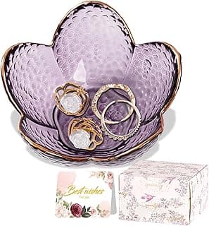 Binoster Purple Flower Jewelry Dish Glass Ring Holder Dish Jewelry Tray Cute Vanity Organizer Aesthetic Nightstand Bathroom Room Decor Trinket Dish Mothers Day Friendship Christmas Birthday Gifts for Women