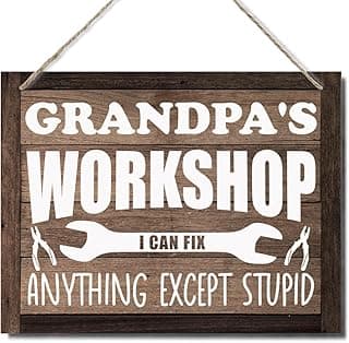 ZPPRJF Grandpa's Workshop Sign - 'I Can Fix Anything Except Stupid', Decorative Hanging Wood Plaque for Wall, Farmhouse Workshop Decor, Funny Gift for Grandpa, Father's Day, Birthday, Christmas