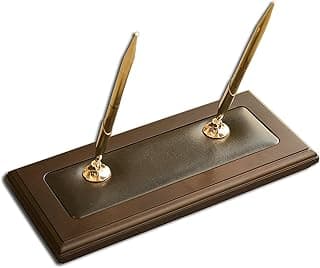 DACASSO Walnut & Leather Double Pen Holder - Luxury Pen Stand With Rolling Ball Pens - Elegant Pen Organizer & Executive Desk Decor - (3 Piece Set)
