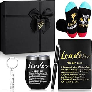 Reallnaive 6 Pcs Great Leaders Gifts for Men Boss Manager PM Mentor Supervisor Gifts 12 oz Stainless Steel Cup Socks Keychain Pen Notebook Box for Appreciation Retirement Farewell Gift