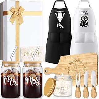12 Pcs Wedding Gifts for Couples Mr Mrs Glass Cups Aprons Charcuterie Board Candle Butter Knife Box for Newlywed Bridal Shower Engagement Anniversary His Her