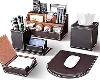 KINGFOM 5PCS Desk Organizer and Accessories Set, Pu Leather Office Supplies with Multifunction Desktop Organizer Storage Box, Tissue Holder, Mouse Pad, Note Paper Holder, Pencil Holder for Desk Brown