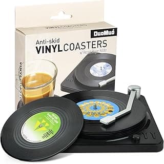 Funny Retro Record Coasters for Drinks with Vinyl Player Holder - Set of 6 Coaster White Elephant Gifts for Music Lovers, Conversation Piece Sayings,Housewarming Hostess Wedding Registry Gift Ideas