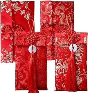 4 Pcs Silk Red Envelopes Lucky Money Pockets Hongbao Chinese Element Invitation Envelop for Wedding, New Year, Spring Festival