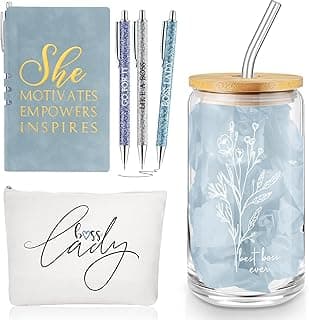 Funnymoom 6 Pcs Boss Gifts for Women Administrative Professionals Week Appreciation Gifts 17 oz Aesthetic Boho Flower Glass Cup Makeup Bag A6 Notepad Ballpoint Pens for Female Leader Manager Favor