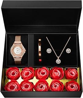 PURSEILVER Gifts for Women Jewelry Sets, 4 Pieces Rose Gold Women's Watch Necklace Earring Bracelet Birthday Gifts for Women's Jewelry Sets for Women Gift for Wife Girlfriend Her Birthday Gift for Mom Mother