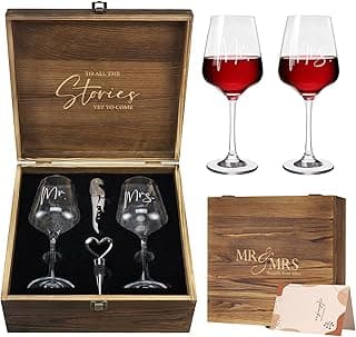 AW BRIDAL Mr and Mrs Wine Glasses Wedding Gifts for Couples 2026, Engagement Gift for Newly Engaged Couple, Bridal Shower and Bachelorette Gifts for Bride, Wine Opener Stopper and Wooden Keepsake Box