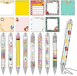 18 Pcs Teacher Desk Accessories, 9 Pads Cute Sticky Notes, 9 Kawaii Pens, 3 x 3 Inches Notepads Memo Pad for Office Supplies Meeting Students School Decor Teacher Gifts