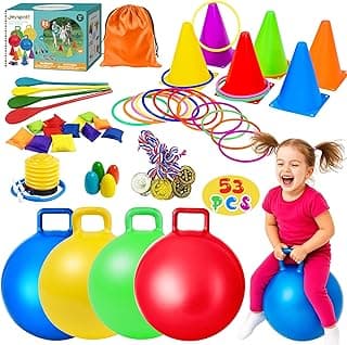 JOY SPOT! Carnival Outdoor Games Combo Set for Kids, 18 Inch Hopper Balls with Handles, Ring Toss, Bean Bags, Egg Spoon Relay Race, Fun for Backyard, Field Day, School, Birthday Parties, Family Events
