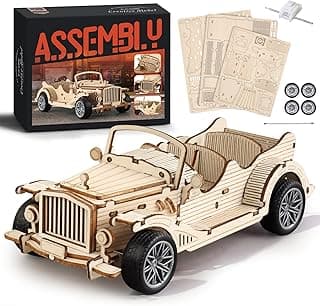 MOCBURIKU 3D Wooden Puzzles Vintage Car Model for Adults, 65pcs Pull Back Toys Car Building Kits for Adults to Build, Desk Decor/DIY Hobbies/Gifts for Boys and Men