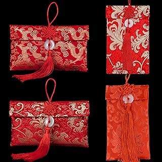 Embroidery Silk Red Envelops - 4PCs Chinese Lucky Money Hong Bao Cash Envelop With Chinese Knot Jade Pendant Closure, Max 100 Sheets Cash for Lunar New Year, Wedding, Birthday