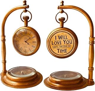 ALADEAN Brass Table Clock with Compass | Romantic Desk Clock - Decorative Vintage Mechanical Clock Lovers Boyfriend/Husband Birthday/Wedding Gifts (Love You)