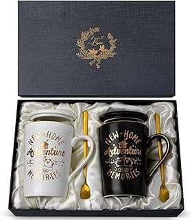 House Warming Gifts New Home - New Home Gift Ideas for Women Men Couple New Homeowners Neighbor Friend, Unique Housewarming Present with 14Oz Coffee Mugs, Spoons, Lids, Greeting Card, Elegant Boxed