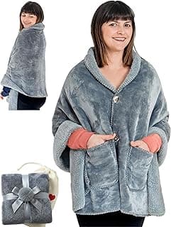EzrAllora Premium Double Layer Poncho Blanket - No Sleeves Easy On Easy Off- Drape and Go- 2 pockets - Gifts for Grandma (Silver Grey)
