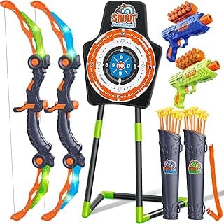GMAOPHY 2 Pack Bow and Arrow Toy for 5 6 7 8 9 10 11 12 Year Old Boys, Birthday for Kids, Indoor Outdoor Sport Games Toys for Ages 4-8 8-12, LED Light Up Archery Set with 20 Suction Cup Arrows