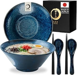 HIBINO Japanese Ramen Bowl Set of 2 | 44 oz Ceramic Ramen Bowls with Chopsticks & Spoons | Made in Japan Mino Ware | Microwave Safe Noodle & Soup Bowls | 6-Piece Dinnerware Set |「Kasumi Indigo」