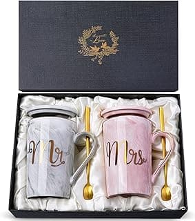 Biching Wedding Gifts for Couples 2026, Gifts for Bridal Shower Engagement Bride and Groom Anniversary, 14oz Ceramic Marble Mr and Mrs Mugs Set with Real Gold Foil, Greeting Card, Luxury Gift Box