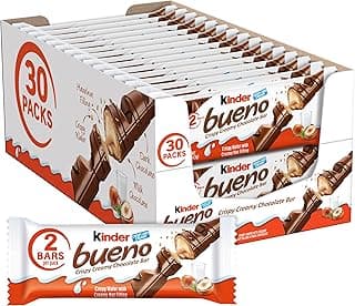 Kinder Bueno Milk Chocolate Bars with Hazelnut Filling, 30 Packs of 2, Bulk Chocolate Candy Bars for Game Day, Football Party Supplies, Snacks for Adults, 1.4 oz Per Pack
