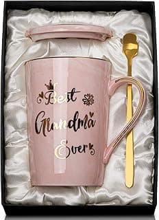 Grandma Gifts for Grandma, Mothers Day Birthday Gift for Grandmother from Granddaughter Grandson - 14Oz Pink Marble Ceramic Coffee Mugs Print with Real Gold - Lid Spoon Card, Box