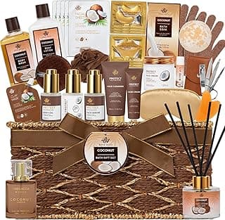 35 Pcs Coconut Vanilla Spa Gift Basket for Women & Men, Face Skin Care Set, Bath & Body Set, Self Care Pamper Kit, Diffuser, Bath Bomb, Birthday, Christmas, Valentines, Mother Day, Anniversary