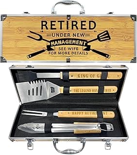 Taesun Retirement Gifts for Men, Retired Gift for Dad, Grandpa, Coworker, Retirees Heavy Duty Wooden BBQ Grill Accessories Kit, Thick Stainless Steel Grill Utensil with Non-Slip Handle Tools in Portable Box