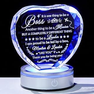 Laser Engraved Boss Appreciation Gifts for Men Women Heart Shape Crystal Plaque with LED Color-Changing Base, Retirement Farewell Thank You Gifts for Boss, Desk Decor for Office & Home