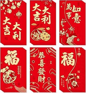 36 Pcs 6 Designs Chinese New Year Red Envelopes 2026, 3.5 x 6.7 Inches Hong Bao Lucky Money Cash Envelopes Red Packets Lai See for Spring Festival, Lunar New Year, Weddings, Birthdays, etc