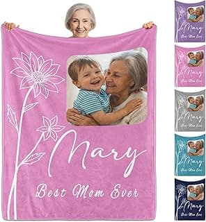 Sparklove Personalized Gifts for Mom, Birthday Gift for Women, Custom Baby Blanket with Picture Text Birth Month Flowers, Photo Blankets for Grandma Grandson Granddaughter Sister