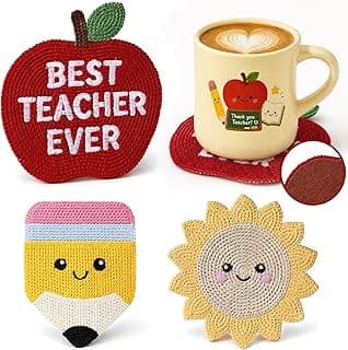 Slohif Cute Woven Drink Coasters Funny Gifts for Home Desk Coffee Table-Creative Teacher Crochet Decor Gift Office Cup Coaster Accessories for Women Family (3pcs)