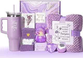 Birthday Gifts for Women Self Care Get Well Soon Gifts, Lavender Relaxing Spa Bath Gift Basket Care Package w/ Flannel Blanket 40 OZ Tumbler, Mother's Day Gift for Mom Her Wife Girlfriend Grandma