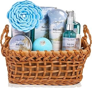 Aqua Elegante Spa Basket For Women - Deluxe Bath Set with Wash, Bubble Bath, Lotion, Salts, Body Scrub, Towel, Shower Puff, Bathbombs, Reusable Basket, Gifts for Mom, Wife, Her - Ocean & Coconut