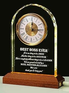 Best Boss Ever Gifts for Men & Women — Glass Desk Clock with Wooden Light Base | Boss Appreciation & Retirement Farewell for Male/Female Boss, Boss’s Day Idea, Office & Home Decor, Card & Gift Box