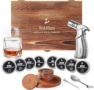 TSUKIGLASS® Whiskey Smoker Kit with Torch – 8 Wood Chip Flavors (200+ Drinks), Cocktail Smoker Infuser Kit, Old Fashioned & Bourbon Smoker, Father's Day Birthday Gifts for Men,Dad, Husband (No Butane)