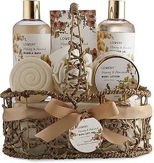 Mothers Day Gift Basket, Gifts for Mom, Daughter, Grandma, Wife, Spa Honey & Almond Scent, Luxury Bath & Body Set, Shower Gel, Bubble Bath, Body Lotion, Salts, Bath Bomb, Bath Puff & Handmade Basket